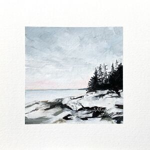 8x8 Maine Original Oil Painting Acadia Winter Snow Coastal New England Signed